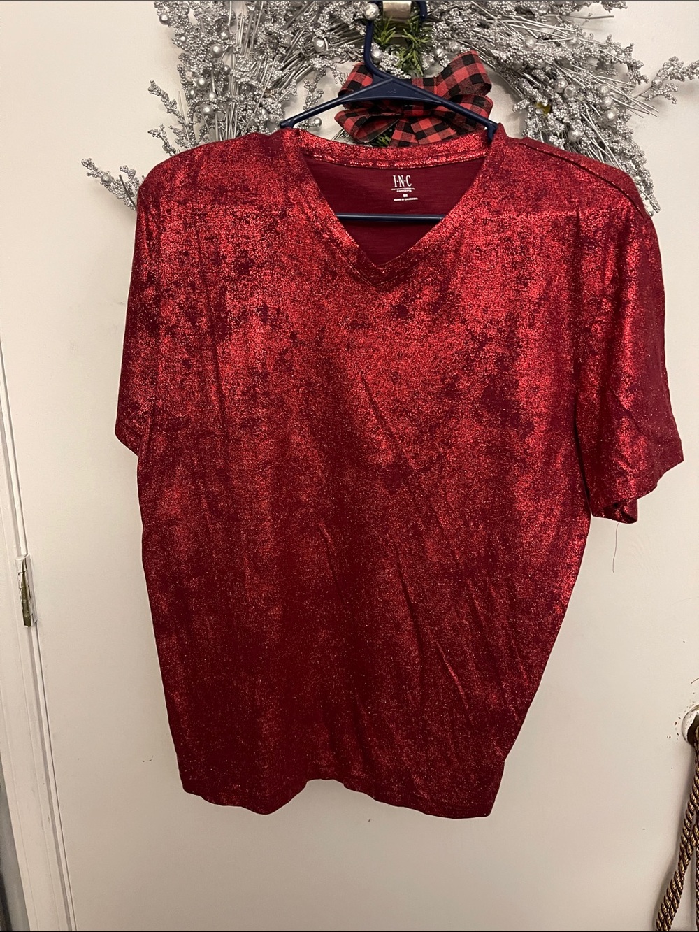 INC International Concepts Shimmery Red V‑Neck Short Sleeve Tee